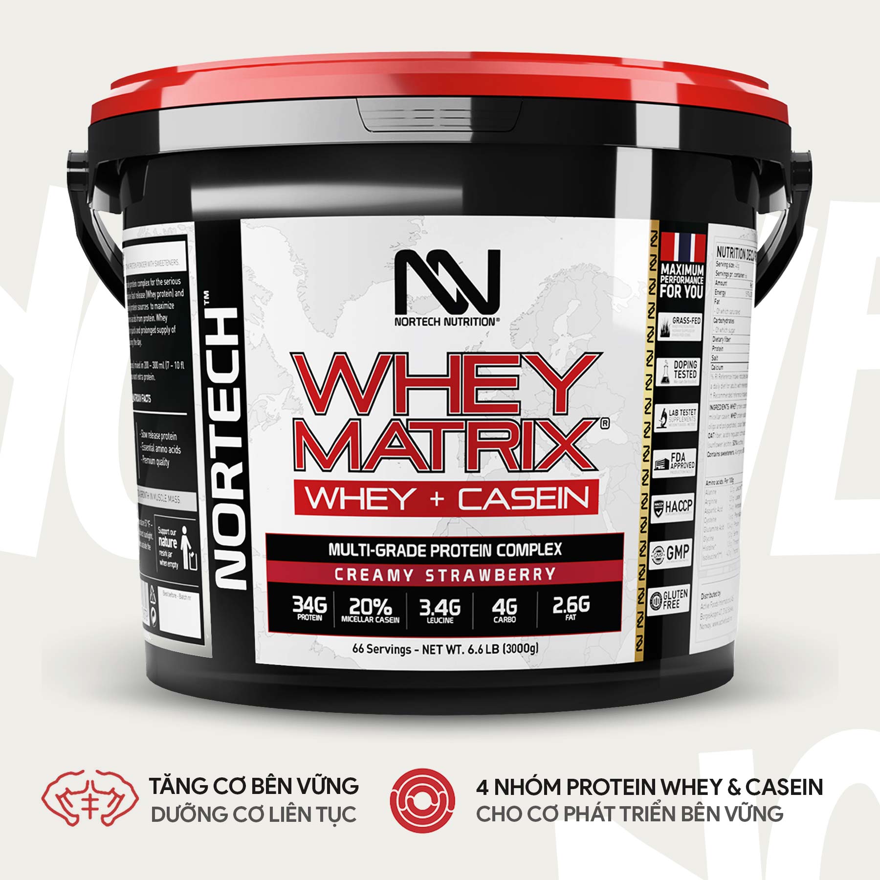 Sữa tăng cơ Whey Protein - Whey Matrix từ Nortech Nurition - 33g Protein Whey &amp; Casein - 66 Lần dùng - Hỗ Trợ Tăng Cơ &amp; Phục Hồi Cơ bắp liên tục