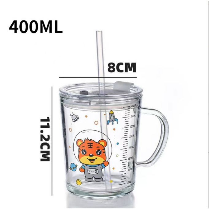 Cốc Pha Sữa Uống Nước Cốc Thuỷ Tinh Chịu Nhiệt Có Vạch Chia Dung Tích 400ML- Có Nắp Đậy Kín Chặt Kèm Ống hút Hút Ly Trong Suốt Văn Phòng Giao Mẫu Ngẫu Nhiên