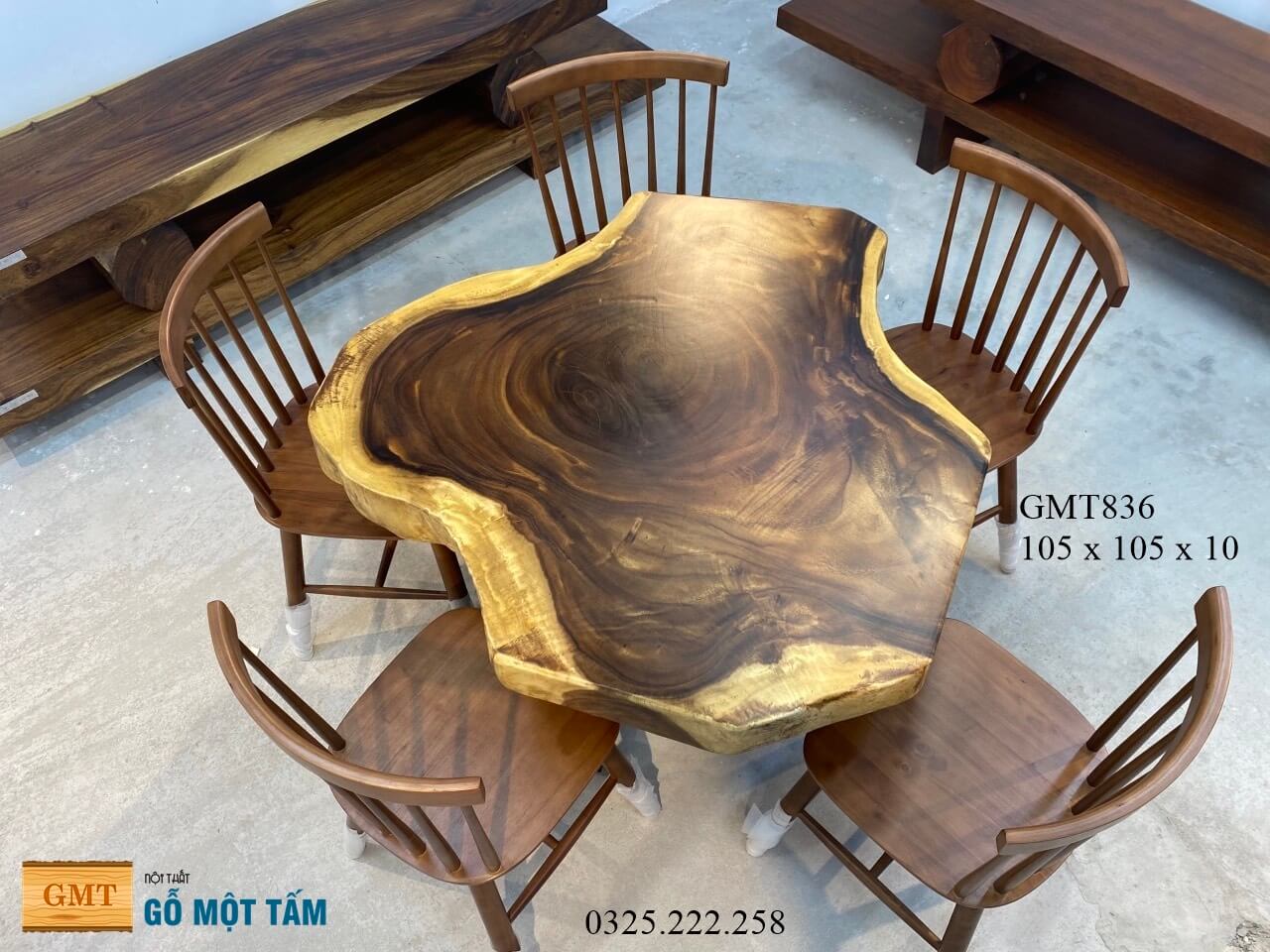 Bàn Sofa Gỗ Me Tây, Bàn Cafe Gỗ Me Tây, Bàn Sân Vườn Gỗ Me Tây, Bàn Gỗ Me Tây Nguyên Tấm Dài 1,05m Rộng 1,05m Dày 10cm