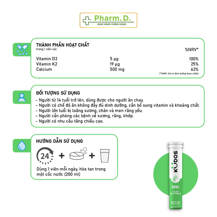 Viên Sủi KUDOS BONE Bổ Sung Canxi, Vitamin D3 Và Vitamin K2 Hỗ Trợ Xương Răng Chắc Khỏe