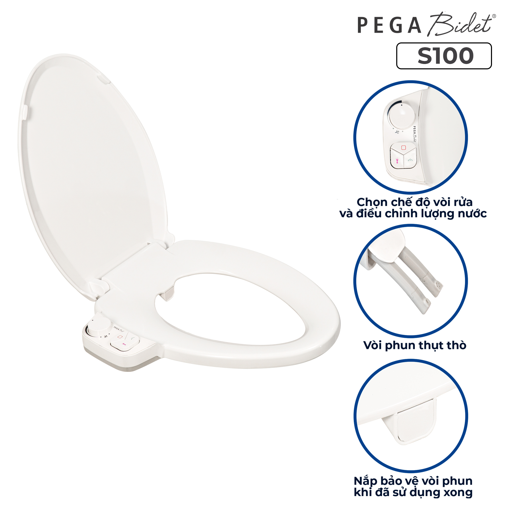 Nắp bồn cầu thông minh PEGA Bidet S100, 2 vòi rửa cho nam và vệ sinh cho phụ nữ, không dùng điện, hoạt động bằng áp lực nước - bán chạy tại Mỹ