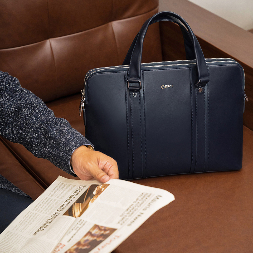 Cặp Da Cao Cấp Túi Xách Nam GENCE GCE22 Da Bò Mềm Màu Xanh Navy Có Dây Đeo Vai