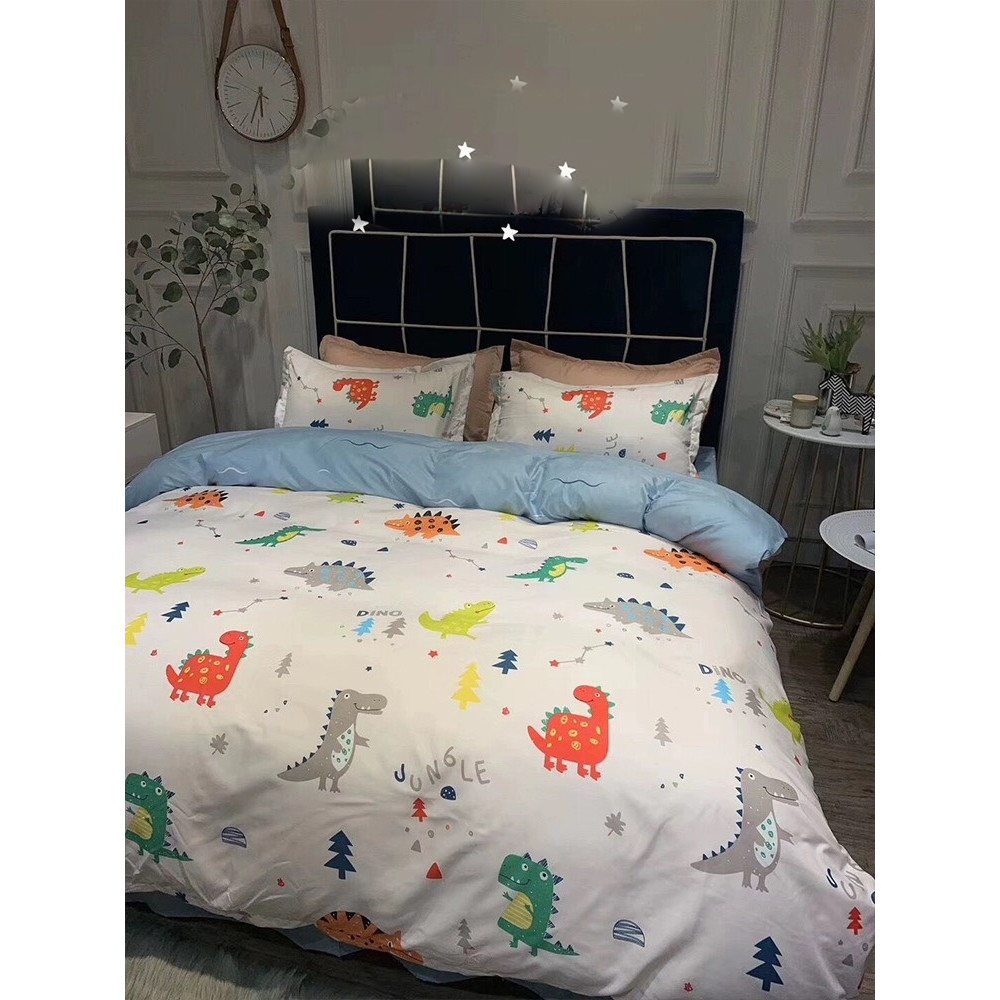 Bộ vỏ chăn ga gối cotton poly mẫu hình khủng long trắng