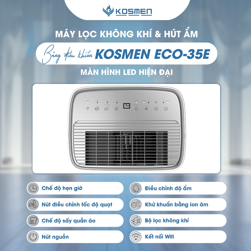 Máy Lọc Không Khí Và Hút Ẩm Kosmen ECO-35E Hút Ẩm 35 lít/ngày, Lọc Khí 3 Lớp Cao Cấp - Hàng Chính Hãng, Bảo Hành 2 Năm