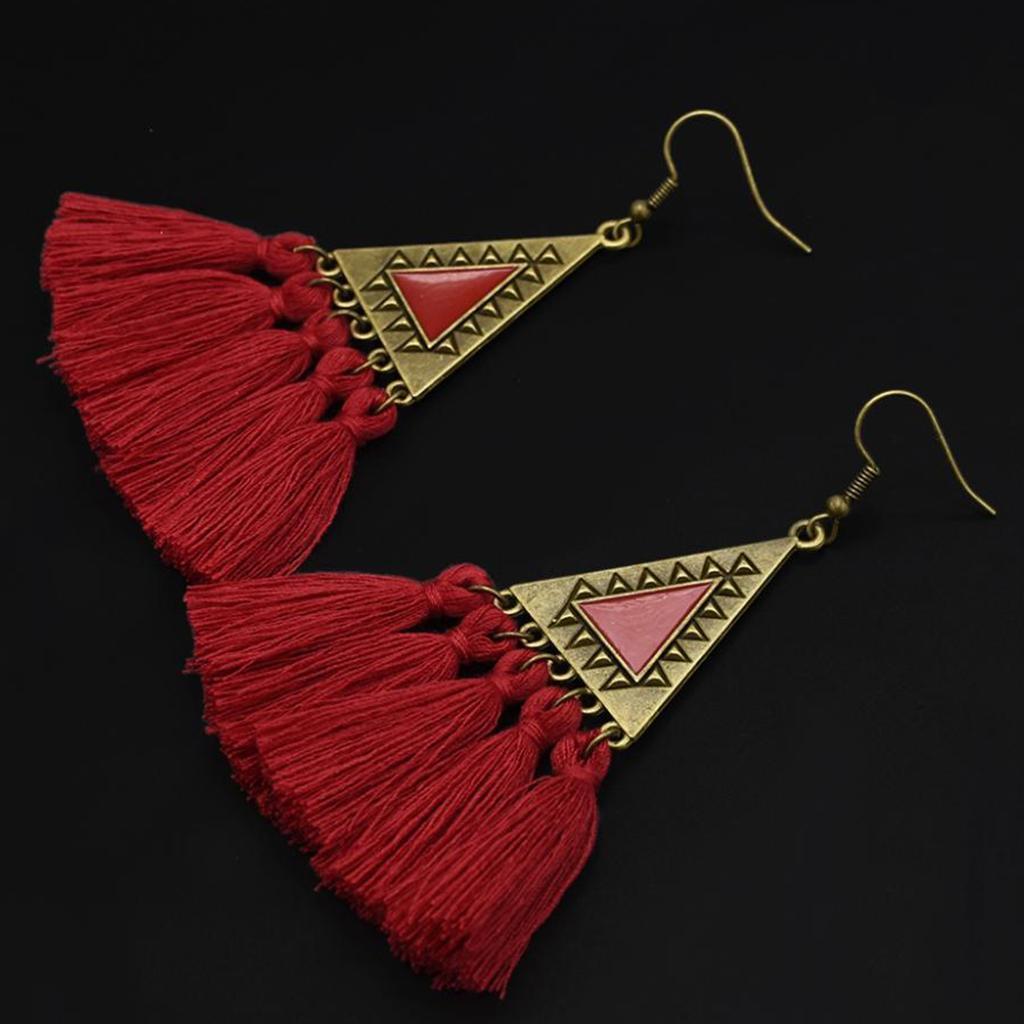Vintage Fringe Tassel Earrings Bohemian Dangle Stud Women Jewelry Red