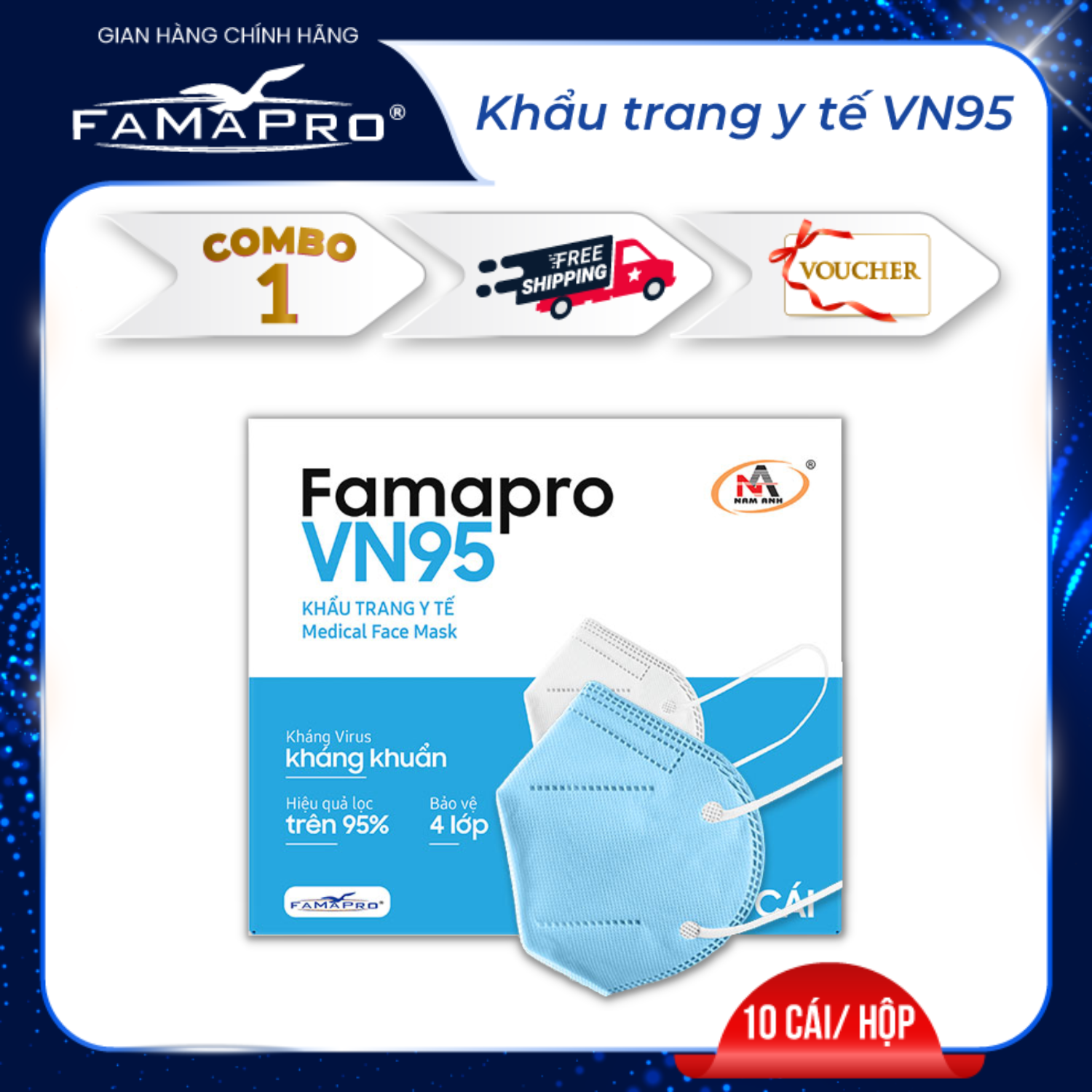Hộp - Famapro Vn95 Khẩu Trang Y Tế Kháng Khuẩn 4 Lớp Famapro Vn95 Đạt Chuẩn N95 10 Cái Hộp - Xanh Dương - Combo 10 Hộp