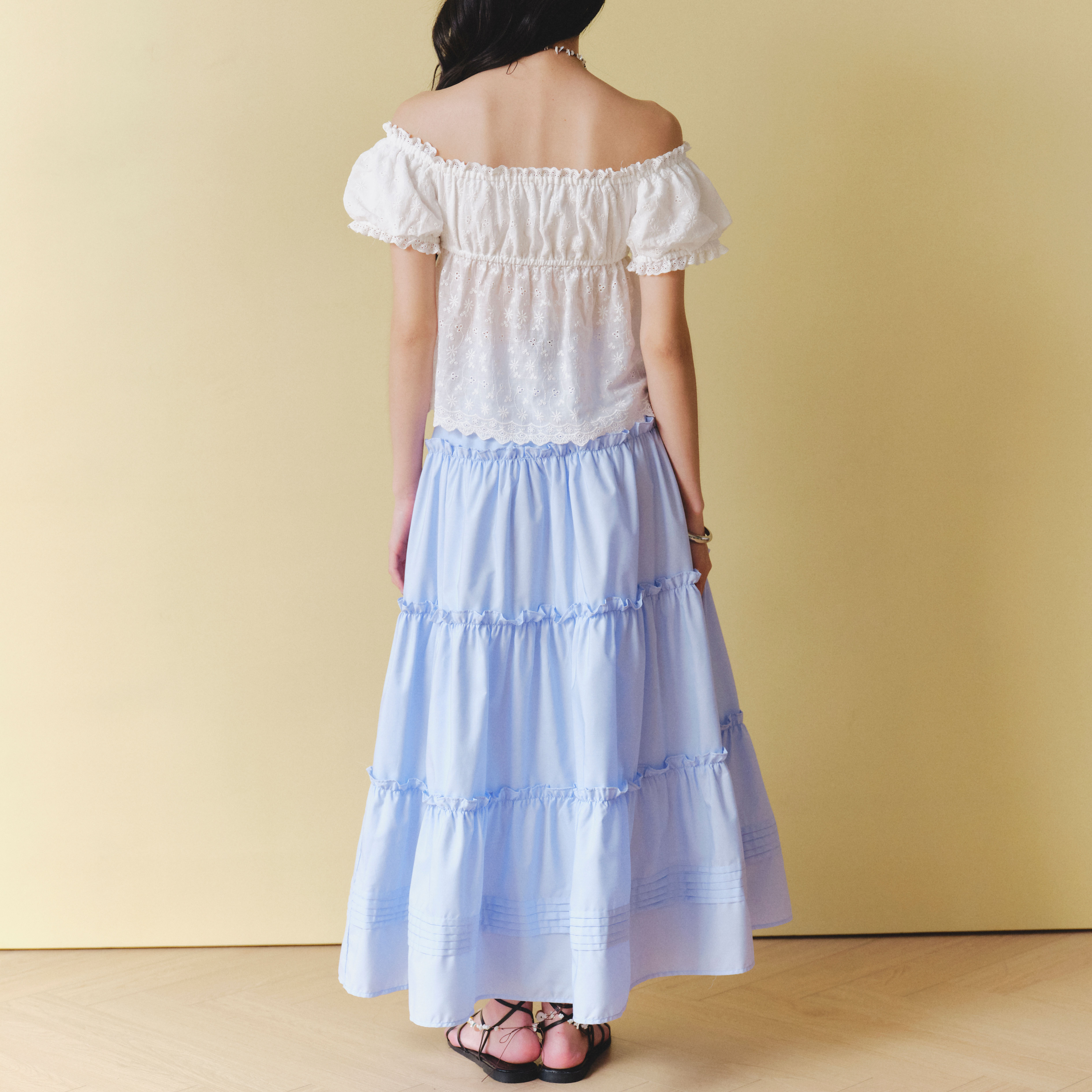 DOTTIE - Chân váy Midi nhún tầng - Xanh biển - S0285