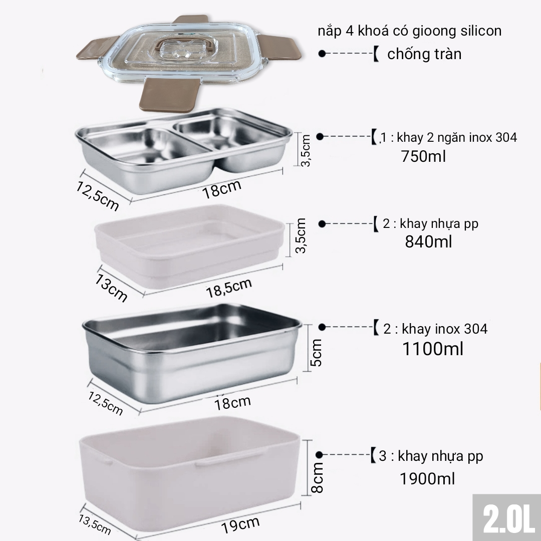 Cặp lồng inox 2.0L / ca men 2 tầng 4 khay cao cấp xem kỹ mô tả