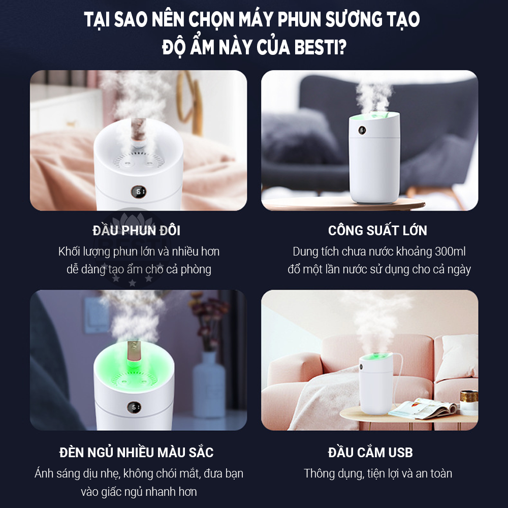 Máy Phun Sương Nano Tạo Ẩm Không Khí Besti, Máy Xông Và Khuyếch Tán Tinh Dầu Dung Tích 3 Lít Với 3 Chế Độ Phun, Tích Hợp Đèn Ngủ Tự Thay Đổi Màu Sắc, Phun Liên Tục 20h Và Tự Ngắt Khi Hết Nước - Hàng Chính Hãng