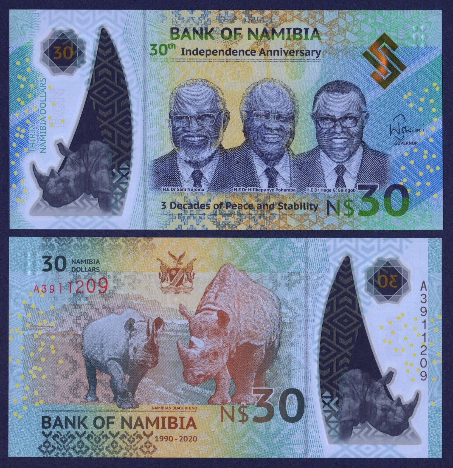 Tiền thế giới mệnh giá lạ 30 dollars POLYMER Namihia kỷ niệm 30 năm ngày độc lập