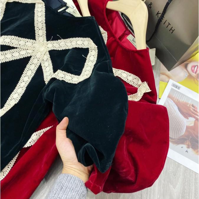 Đầm suông nhung cổ tròn tay ngắn nơ to trước ngực siêu đẹp - VN03