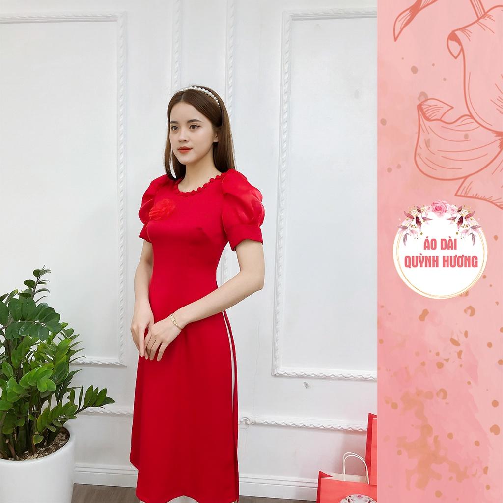 Áo dài cách tân tay bồng cổ tròn chất lụa tây thi mềm mại