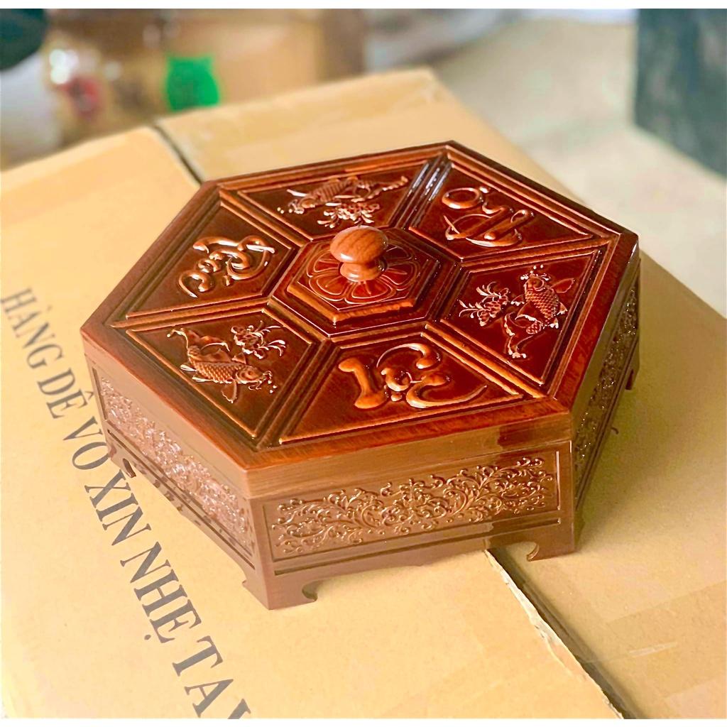 Khay đựng mứt Tết sang trọng giả gỗ họa tiết PHÚC LỘC THỌ cá chép