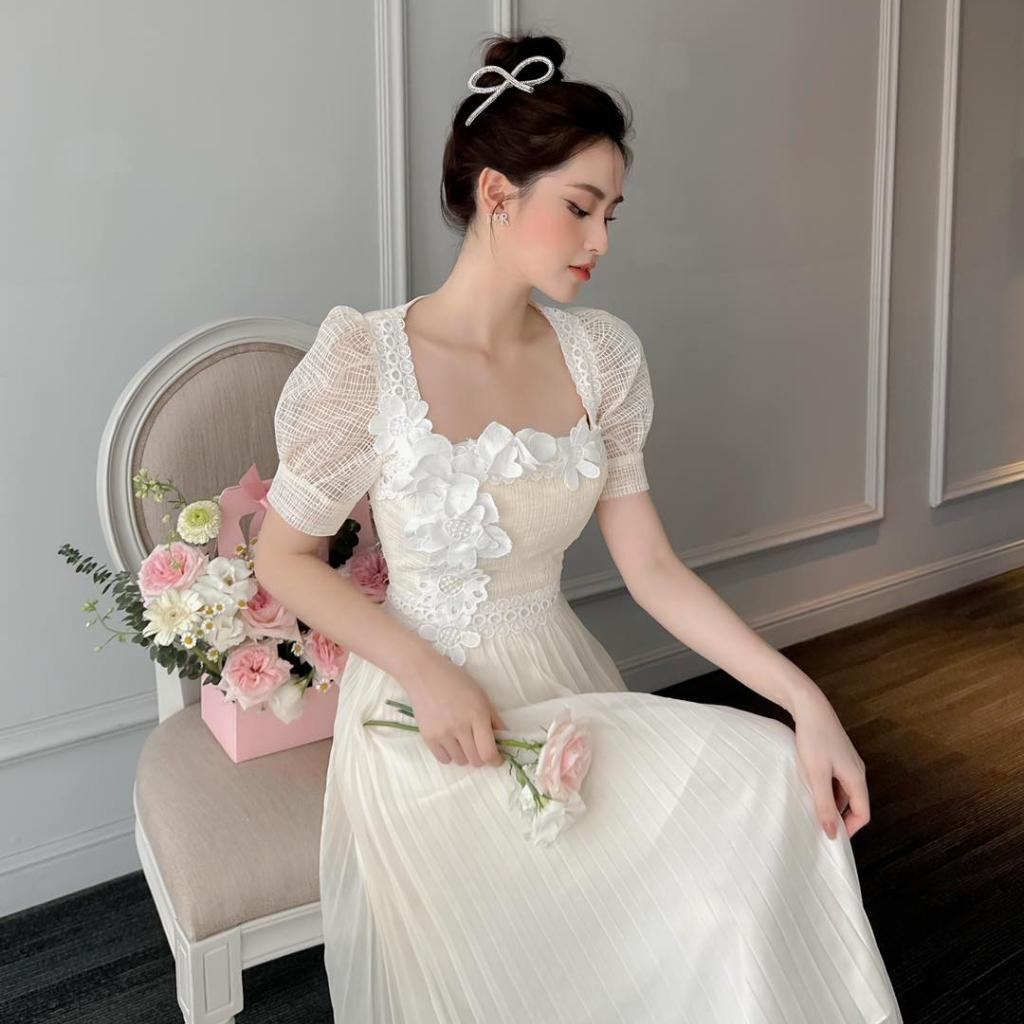 Đầm Thiết Kế MAY CH36 Chất Liệu Ren Phối Trượt Nhật Đính Hoa 3D - Đầm Dự Tiệc Sang Trọng Chuẩn MAY