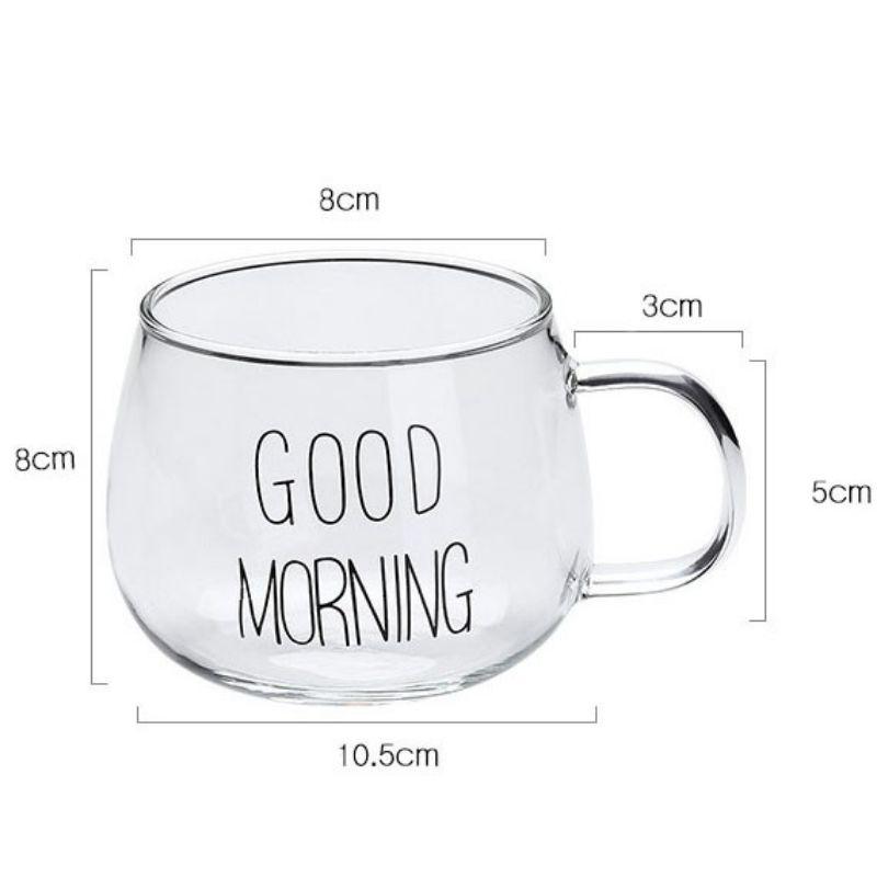 Cốc Thủy Tinh Good Morning Tròn Bầu Uống Nước Chịu Nhiệt Có Quai Cầm 320ml