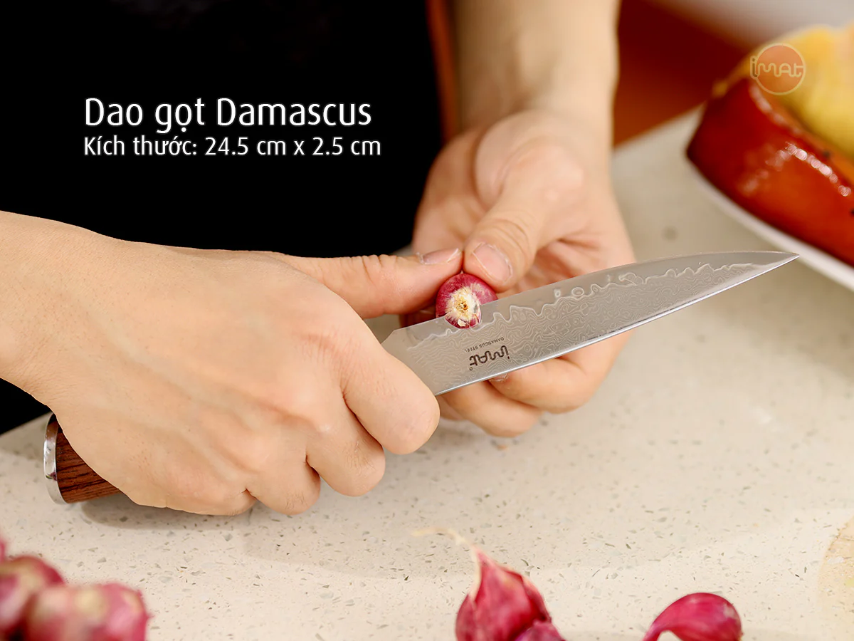 Dao nhà bếp Damascus iMat, lưỡi bằng thép không gỉ 9Cr18, cán gỗ cẩm lai tự nhiên - Bộ 2 chặt &amp; gọt Damascus