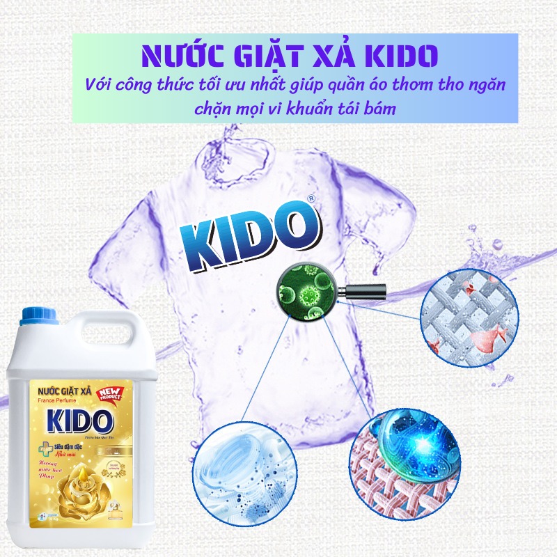 Nước Giặt Xả Quần Áo KIDO Hương Nước Hoa Pháp 10 Lít Vàng Lưu Hương Lâu,Tiết Kiệm Thời Gian