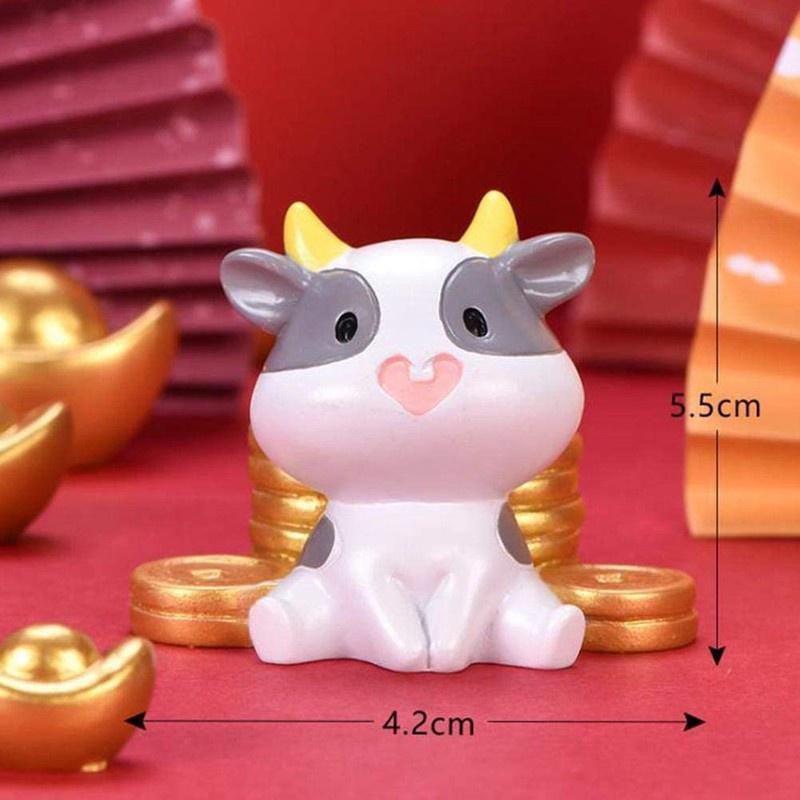 4Pc Year of the Ox Figures Cute Cow Resin Miniature Ornament Wealth Luck Yuan Bao Fairy Garden Mini Landscape Ornaments