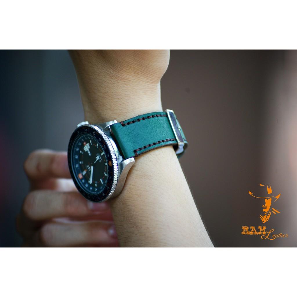 DÂY ĐỒNG HỒ RAM GREEN - DA BÒ XANH LỤC MAY THỦ CÔNG
