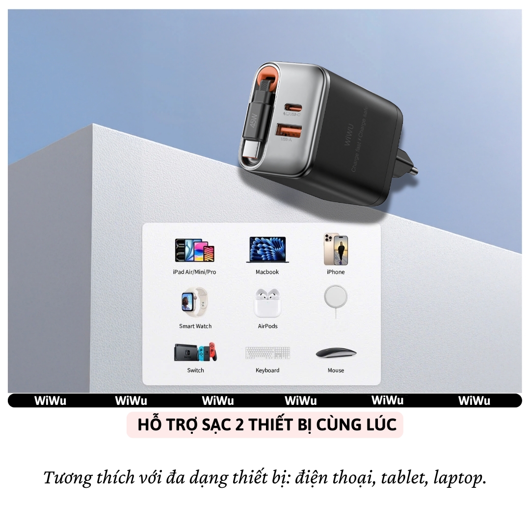 Adapter cóc củ sạc nhanh 67W PD USB C + USB-A 3.0 kèm dây sạc Type-C PPS chống cháy hiệu WIWU Helix Fast Charger cho iPhone iPad Oppo Samsung - Hàng nhập khẩu