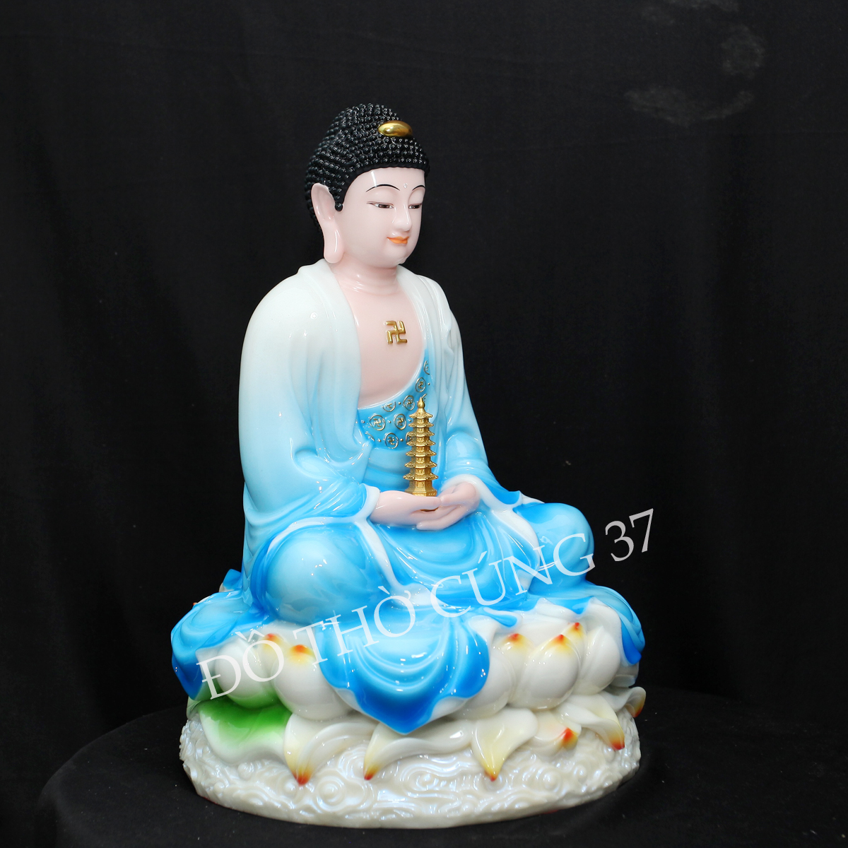 Tượng Phật Dược Sư Ngồi Đài Sen - Màu Xanh Biển