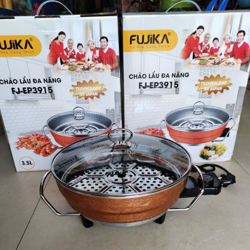 Nồi lẩu điện, chảo lẩu điện đa năng kèm vỉ hấp FUJIKA FJ-EG3915, công suất 1360W, dung tích 3.5L, màu ngẫu nhiên-Hàng chính hãng