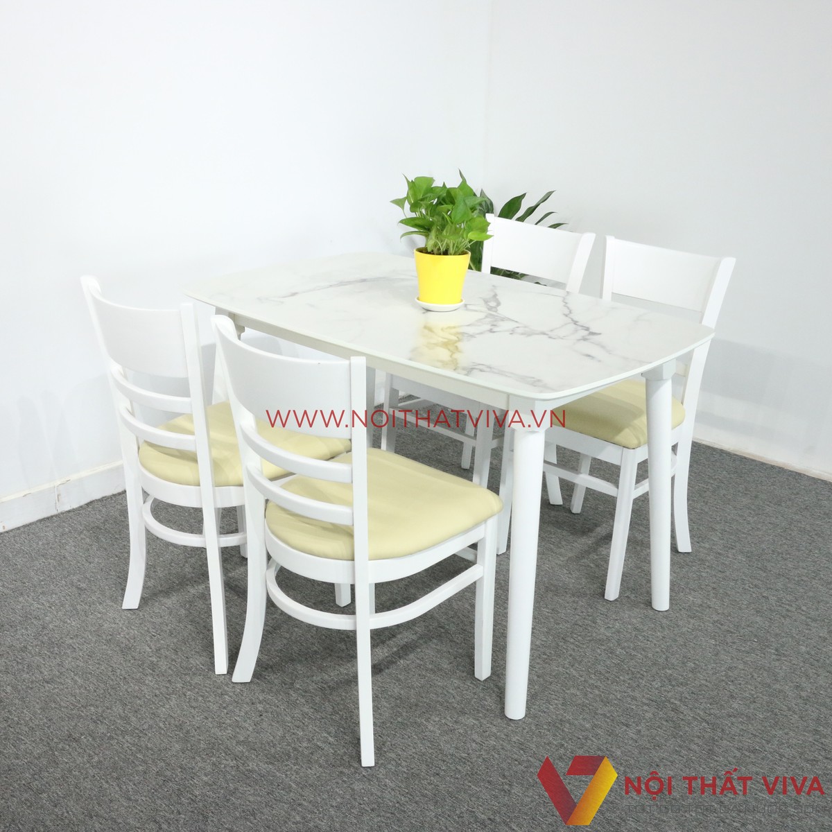 Bộ Bàn Ăn 4 Ghế Vân Đá Trắng Hiện Đại