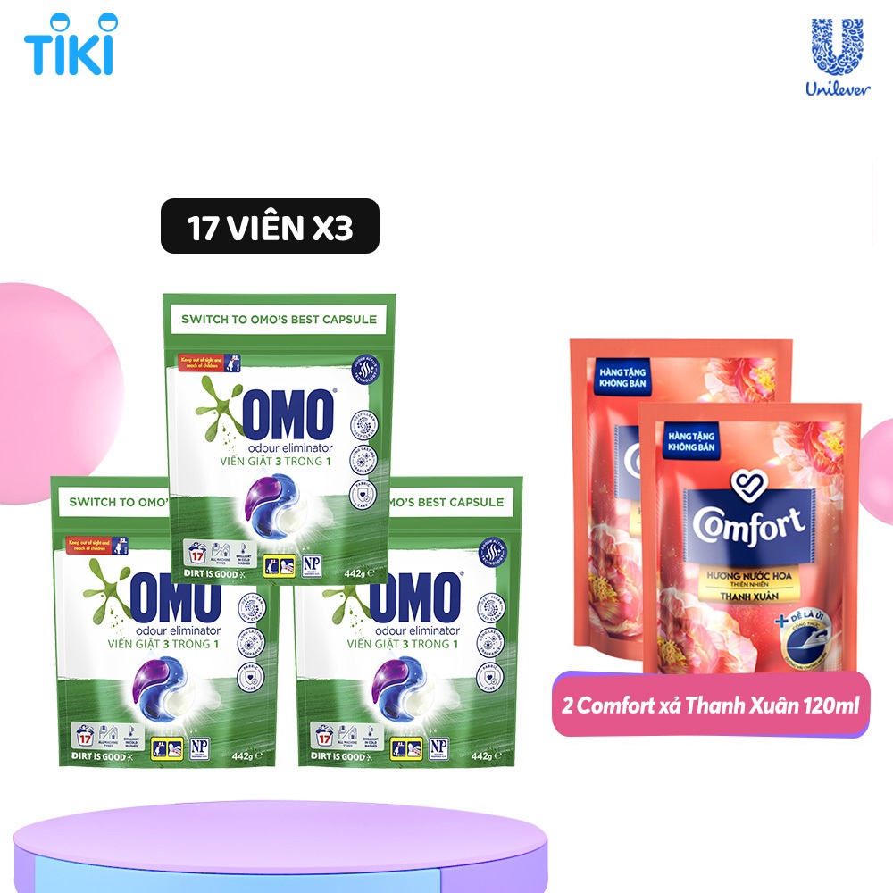 Combo 3 Túi Viên Giặt Quần Áo Omo Cho Máy Giặt Cửa Trước Và Cửa Trên Khử Mùi Công Nghệ Anh Quốc 17 Viên + 2 Xả Comfort Thanh xuân 120ml