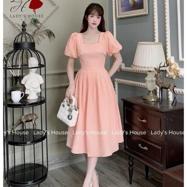 Đầm tay bồng cổ vuông viền ngực,váy đầm thiết kế dáng xòe chất liệu gấm xốp tiểu thư dự tiệc dạo phố GKM FASHION
