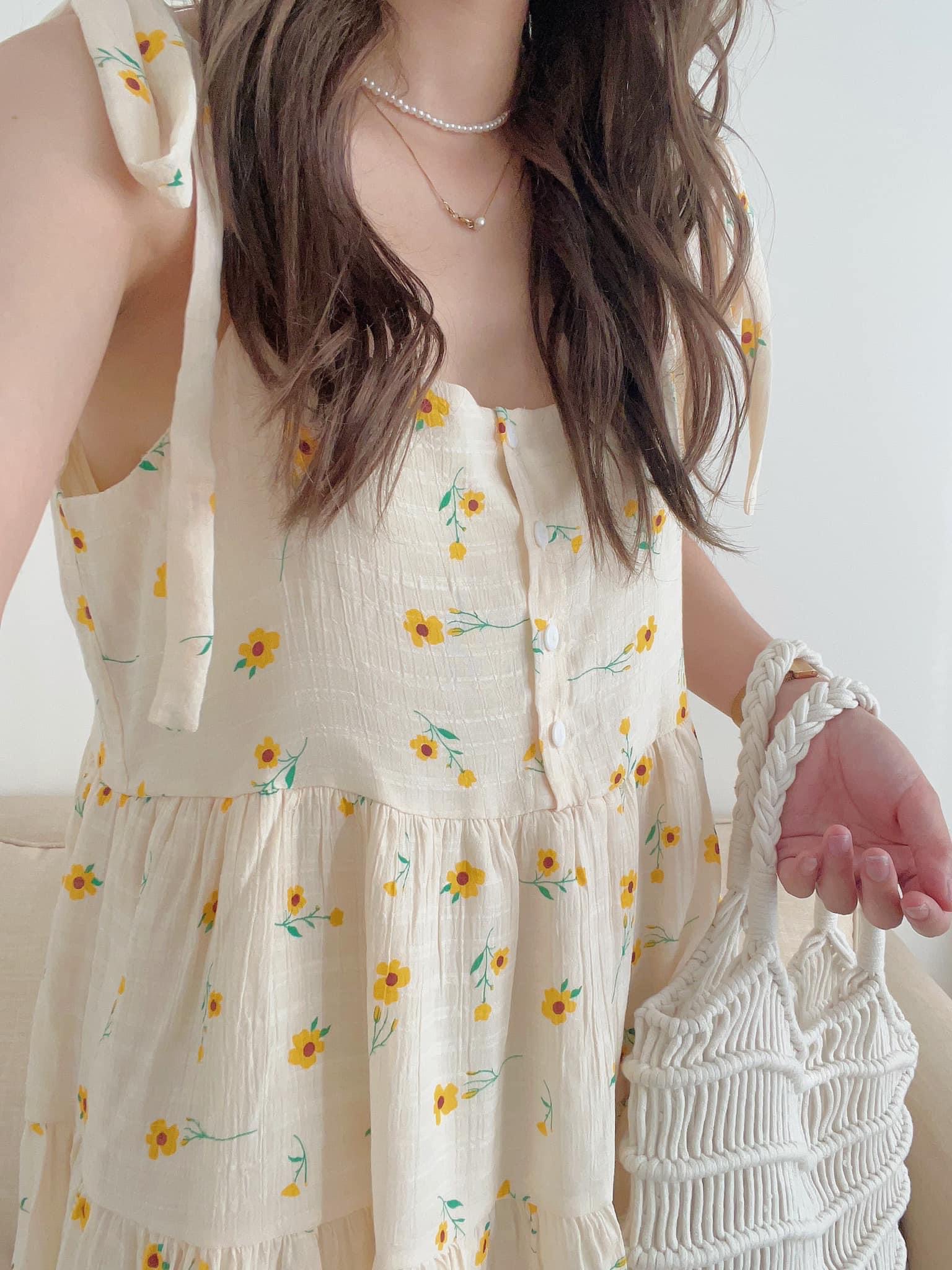 Đầm 2 dây vai nơ babydoll hoa nhí ulzzang tiểu thư