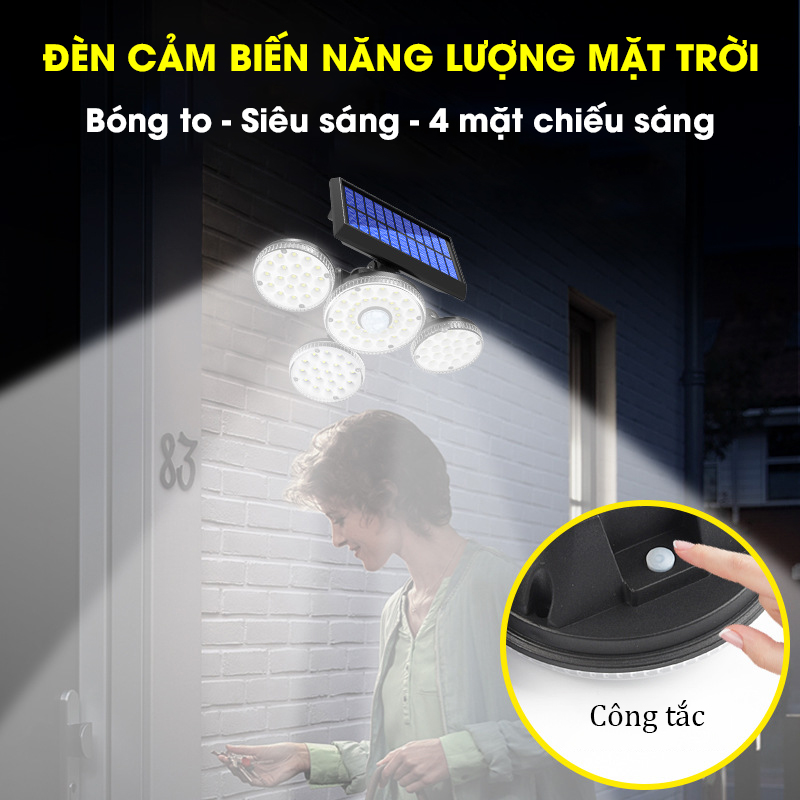 Đèn năng lượng mặt trời, đèn tường xoay 4 đầu 89LED,đầu dò thông minh -K1386