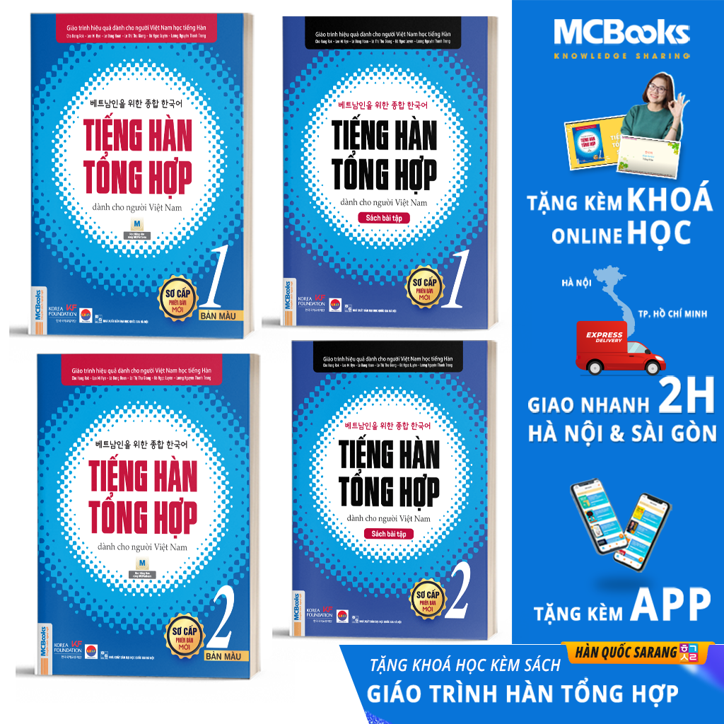 Combo 4 Cuốn Tiếng Hàn Tổng Hợp Sơ Cấp 1 và 2 Bản Màu - Học Kèm App Và Khóa Học Online