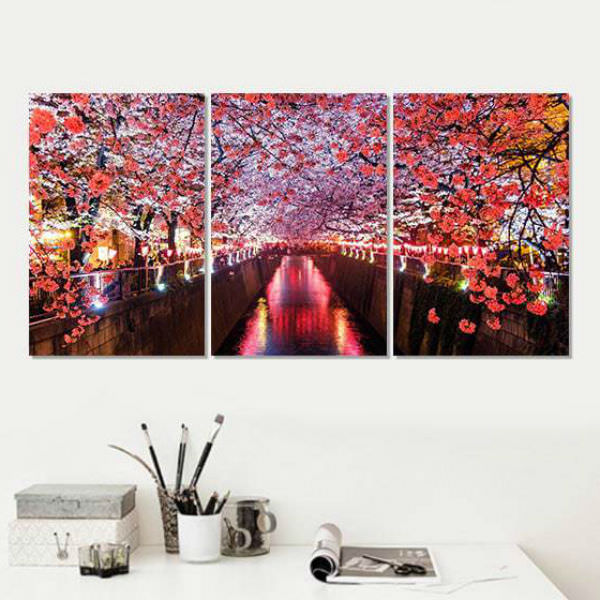 Bộ 3 Tranh Canvas Không Viền Treo Tường Hoa Đào "Mùa Xuân Nhật Bản" W537