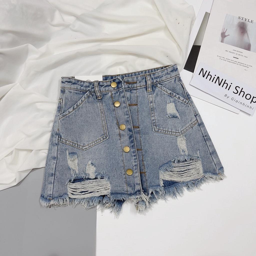 Quần giả váy bò rách khuy túi to, Quần váy jean cạp cao co giãn QS3011 - NhiNhi Shop