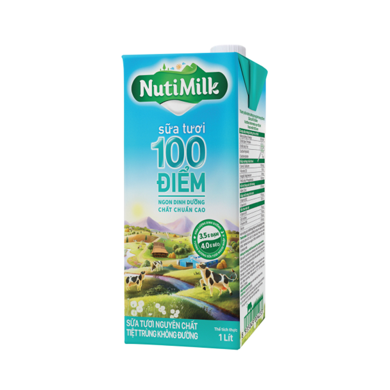 NutiMilk Sữa tươi 100 điểm - Sữa tươi tiệt trùng nguyên chất không đường Hộp 1 Lít STKD1LTI NUTIFOOD