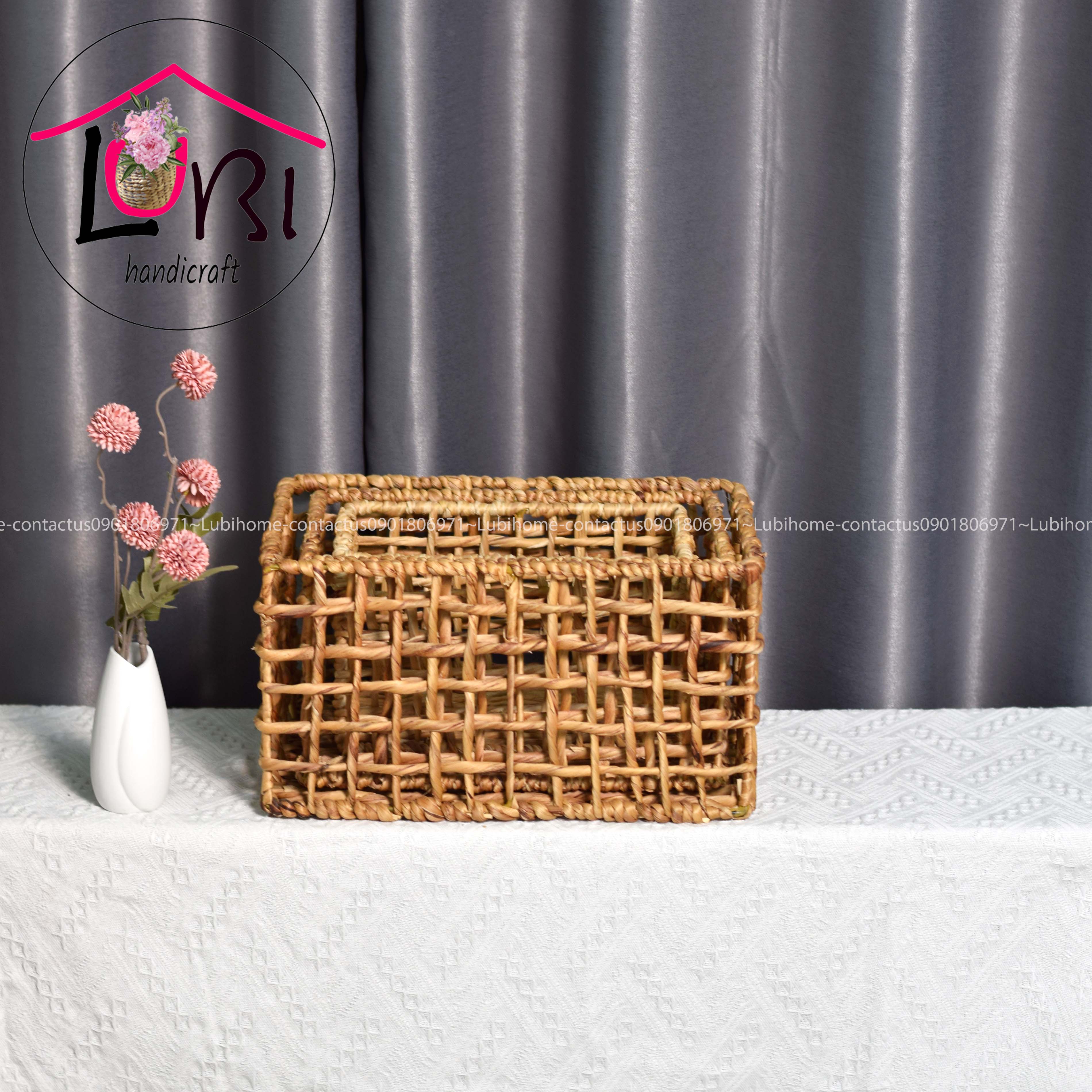 Lubihandicraft - Khay đựng đồ lục bình chữ nhật đan karo - xinh xắn