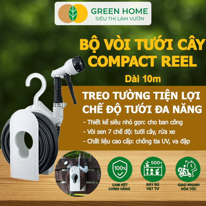 Bộ Ống Tưới Takagi Compact Reel GreenHone, Dài 10m, Treo Tường, Thiết Kế Gọn Nhẹ, Đa Năng Từ Nhật Bản