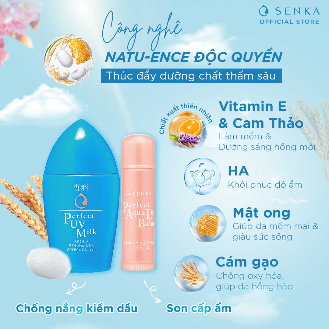 Combo Chống nắng kiềm dầu &amp; Son dưỡng môi Senka (Kem chống nắng UV milk 40ml + Lip Balm 4.5g)