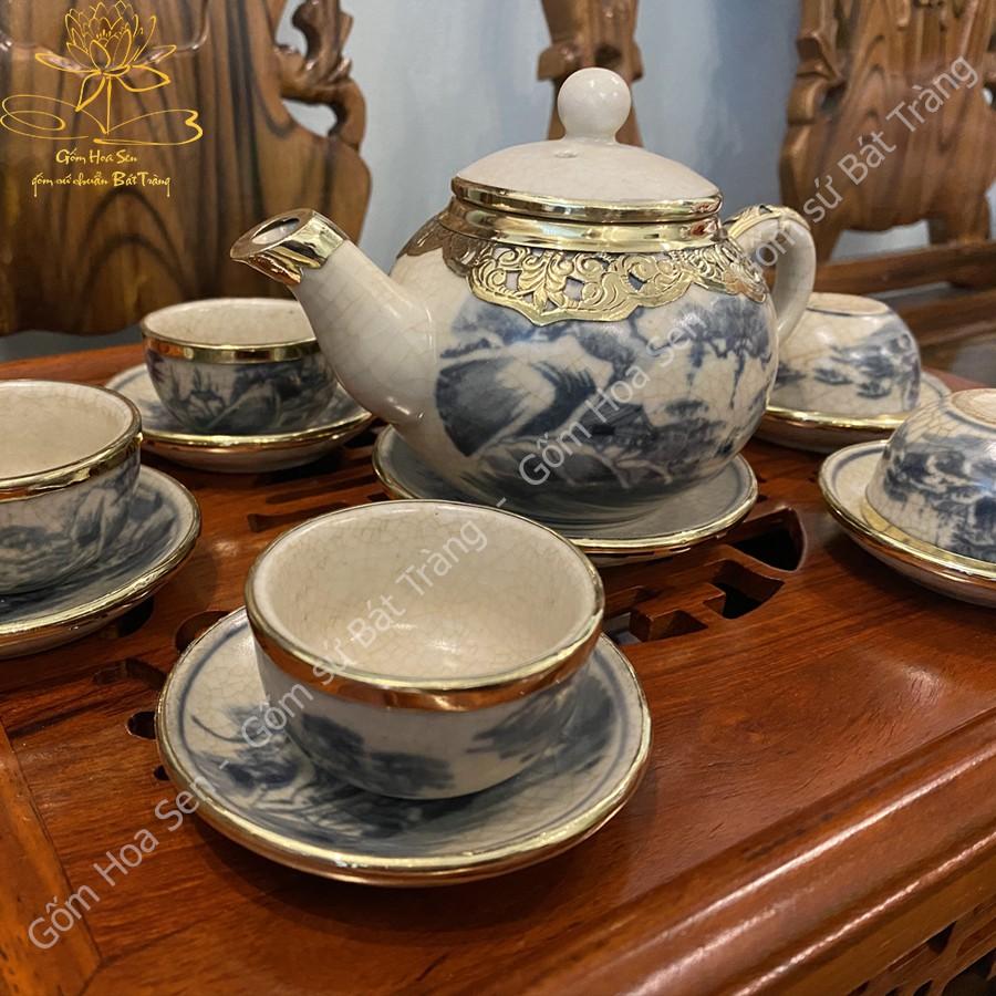 Bộ Ấm Chén Dáng Quả Hồng Men Rạn Giả Cổ Bọc Đồng