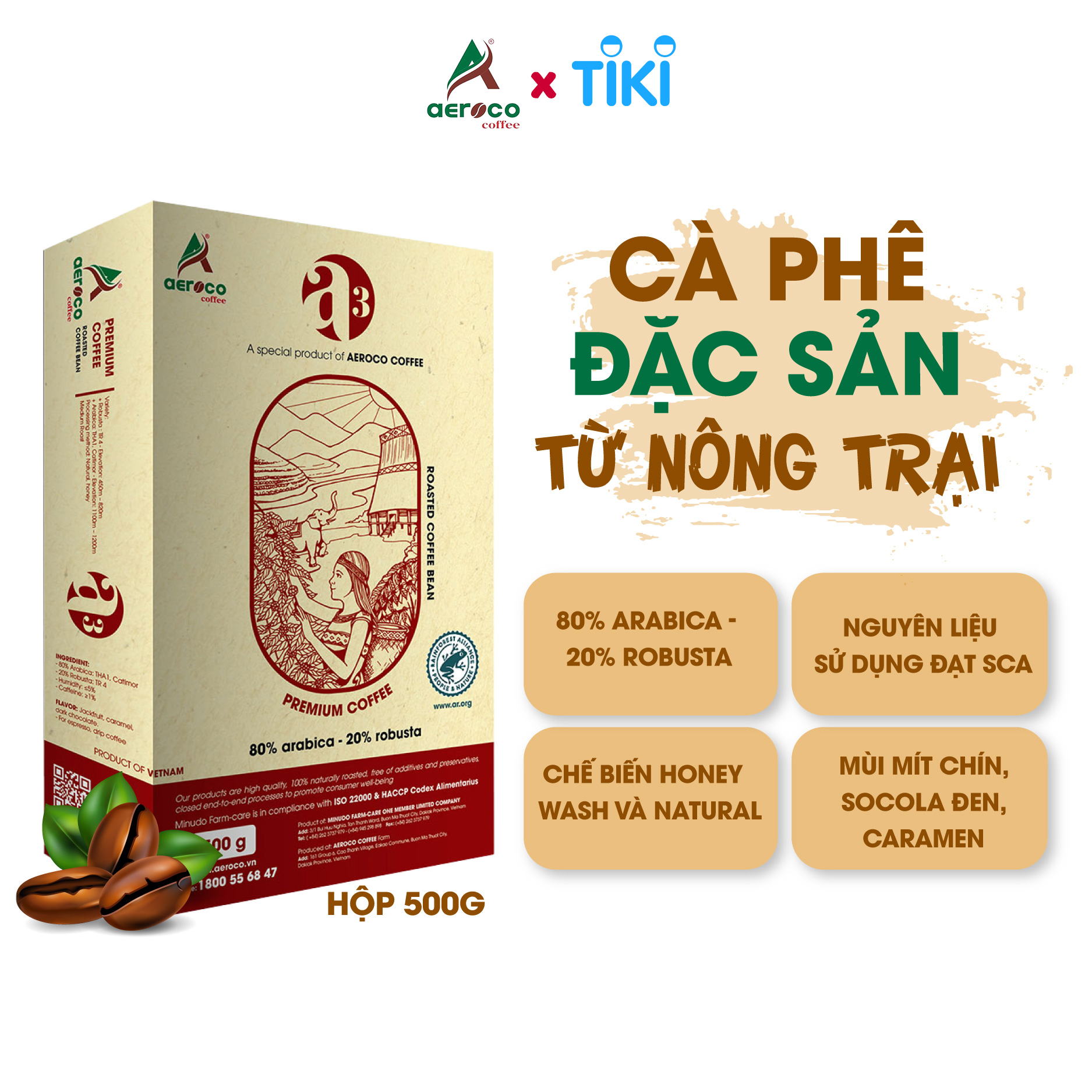 Cà phê hạt rang AEROCO A3 pha phin và pha máy, hộp 500g, nguyên chất 100% rang mộc hậu vị ngọt thơm quyến rũ