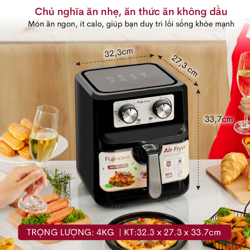 Nồi chiên không dầu FUJIHOME A5 dung tích 5 lít, Công suất 1600W, Đa dạng chức năng nướng, Điều khiển cơ dễ dàng sử dụng bền đẹp, Hàng chính hãng BH 24 tháng