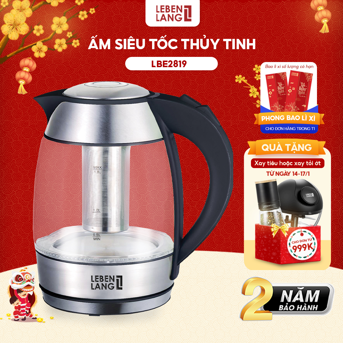 Ấm siêu tốc thuỷ tinh Lebenlang LBE2819, dung tích 1800ml, bảo hành 2 năm - hàng chính hãng