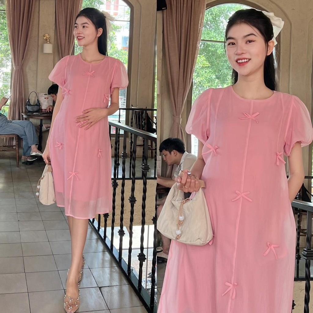 Đầm bầu tơ phom suông đính nơ nhẹ nhàng, dễ thương, sang chảnh - Hồng