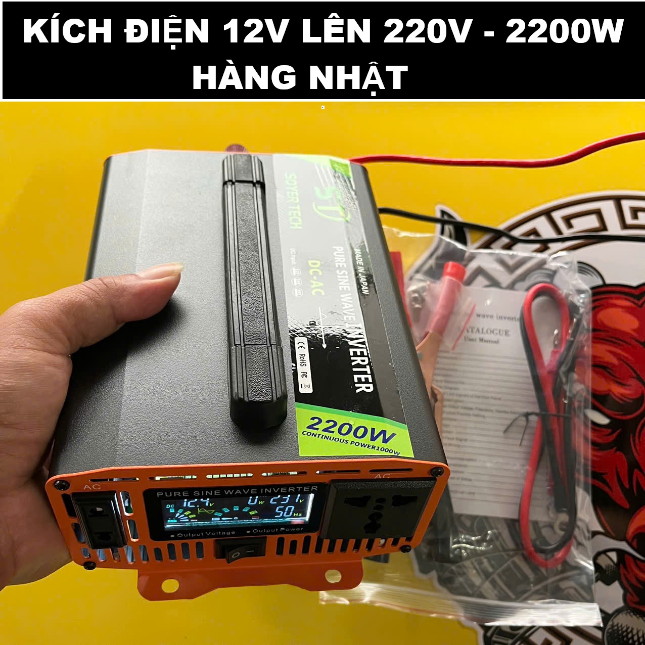 Kích Điện 12V Lên 220V 2200W Hàng Nhật – Sóng Sin Chuẩn, Màn Hình LED Hiển Thị Vôn &amp; Nhiệt Độ