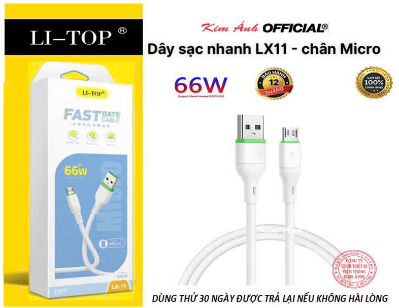 Dây sạc LI-TOP LX11 chân Micro (hộp giấy) công suất 66W, Kim Ánh cho dùng thử 30 ngày, bảo Hàng chính hãng 12 tháng