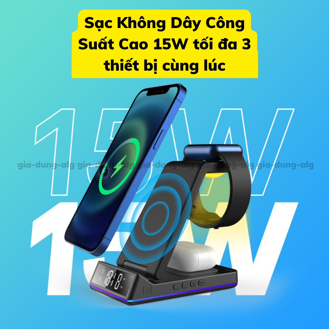 Đế Sạc Không Dây 15W 5 in 1 dành cho 1phone Android - Đế sạc nhanh không dây kiêm báo thức đèn ngủ