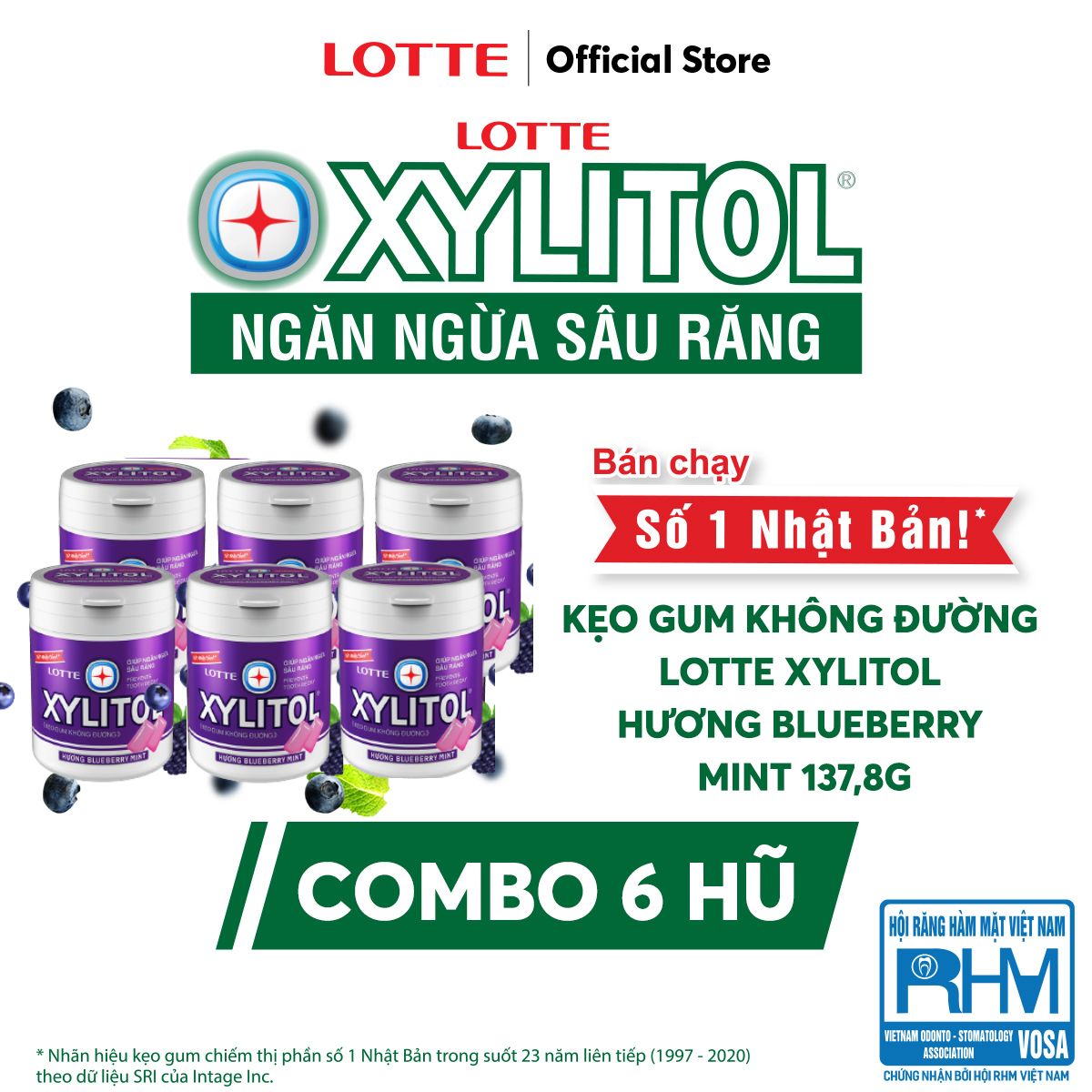 Combo 6 hũ Kẹo Gum không đường Lotte Xylitol - Hương Blueberry Mint 130,5 g