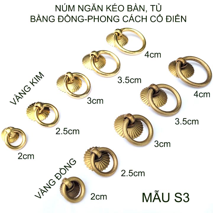 01 Tay nắm ngăn kéo bàn, cánh tủ phong cách cổ điển Vintage, bằng đồng đặc, mẫu S3