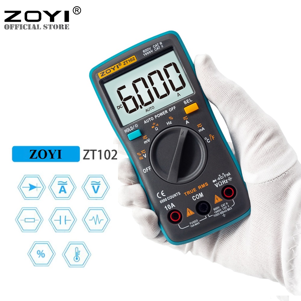 Đồng Hồ Vạn Năng Zoyi ZT-102 Đa Năng Hiển Thị Kỹ Thuật Số Đo Von Kế, Tụ, Điện Áp, Nhiệt Độ, Dòng AC/DC - Hàng Chính Hãng