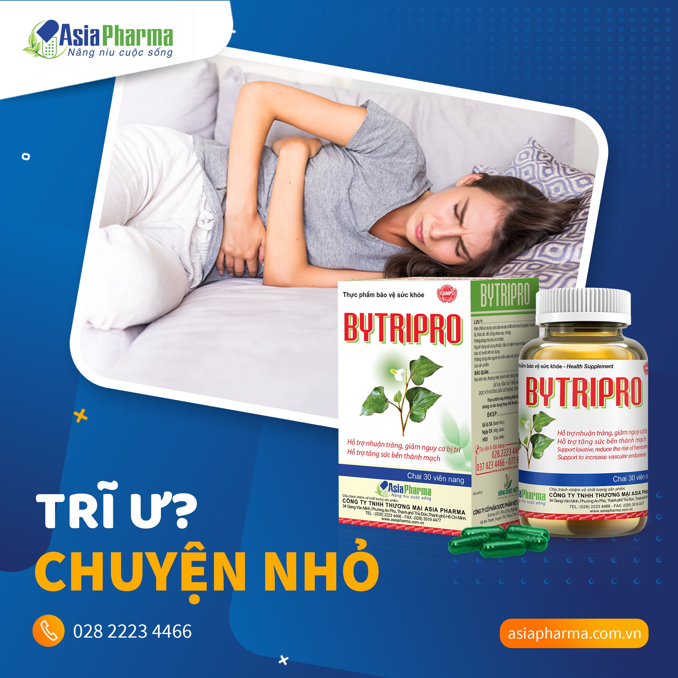 Viên uống tiêu trĩ Bytripro Asia Pharma hỗ trợ nhuận tràng, giảm táo bón - Hộp 30 viên